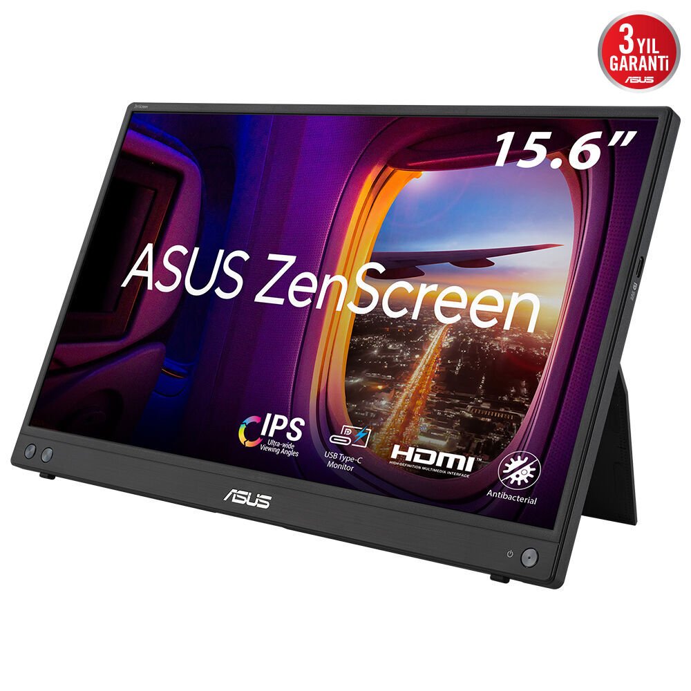 ASUS ZenScreen MB16AHV 15.6 IPS 1920x1080 5ms 60Hz 250cd USB-C 3YIL MAT EKRAN, USB-C to A ADAPTOR, DÜŞÜK MAVİ IŞIK, ANTIBAKTERİYAL KAPLAMA  TAŞINABİLİR USB MONITOR