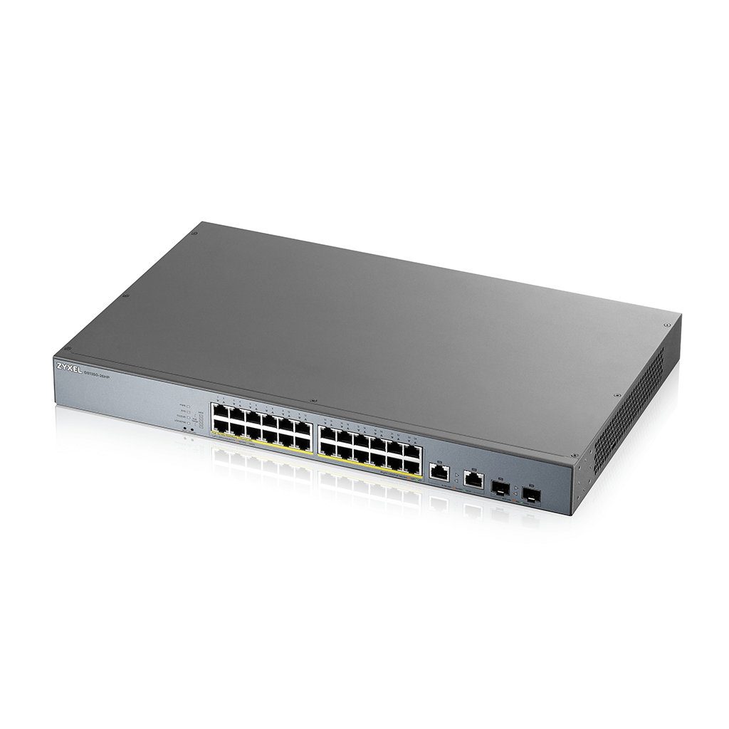 ZyXEL GS1350-26HP, 24 Port, GigaBit, PoE 375W, 2 Port GigaBit SFP, Yönetilebilir, Rackmount Switch