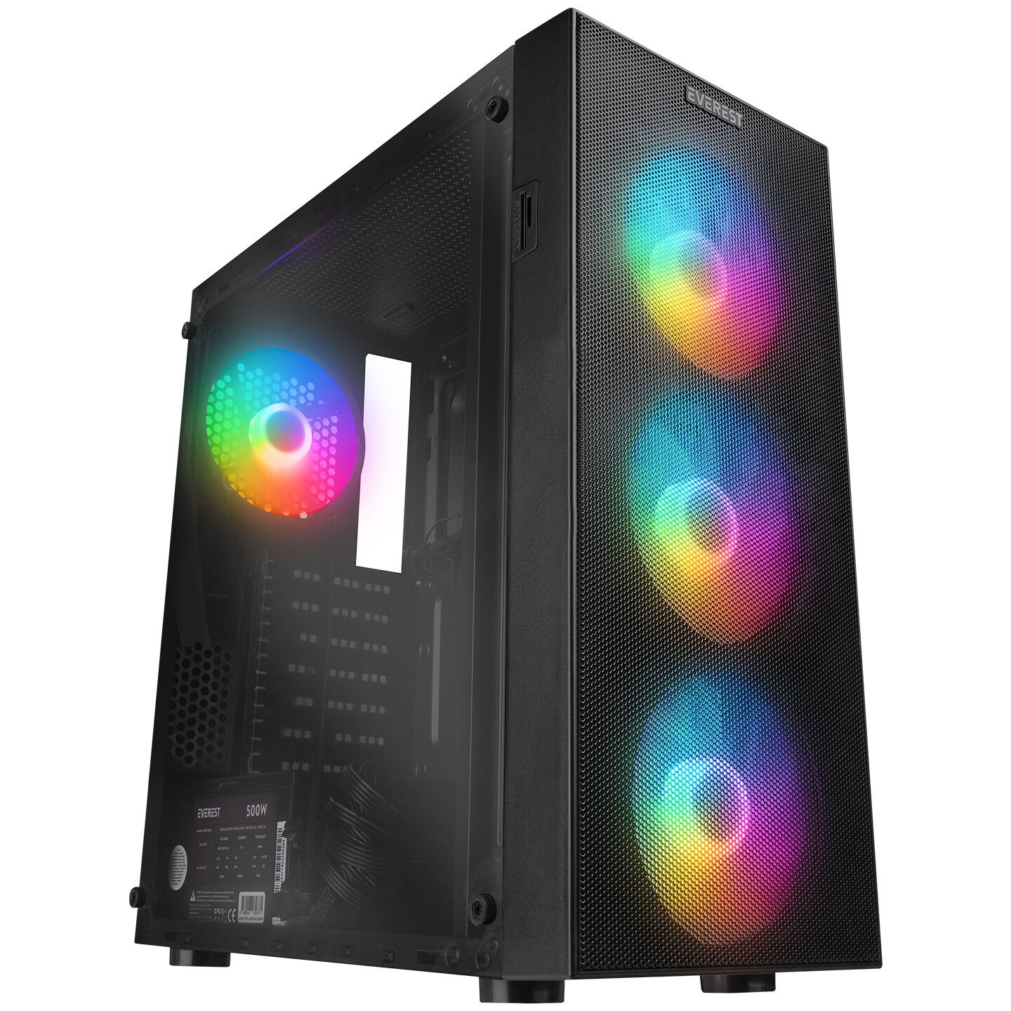 EVEREST FACED V3 MESH 500W 4x12CM RGB FAN ATX TEMPERED GLASS 2xUSB2.0/1xUSB3.0 SİYAH MID TOWER GAMİNG KASA