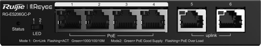 RUİJİE - REYEE RG-ES206GC-P 6 Port, 10/100/1000 Gigabit, Yönetilebilir Switch, 4 Port PoE+ (54W)