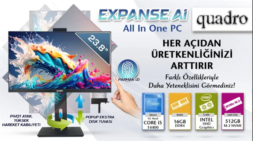 QUADRO EXPANSE AI B424 14165 i5-14400 16GB 512GB SSD 23.8'' DOS All in One PC P.İzi (Pivot)