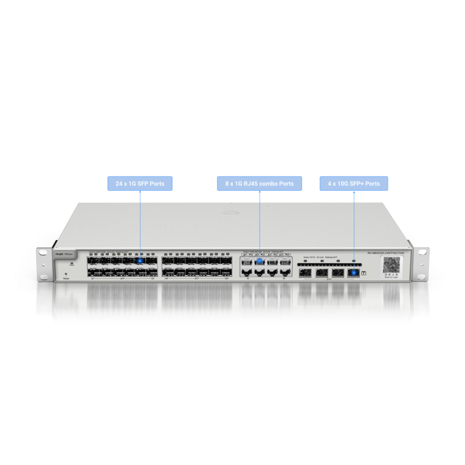 RUIJIE REYEE RG-NBS5200-24SFP/8GT4XS 24 Port  1G SFP, 8x1000 Mbit Combo, 4X10G SFP L2 Yönetilebilir Switch