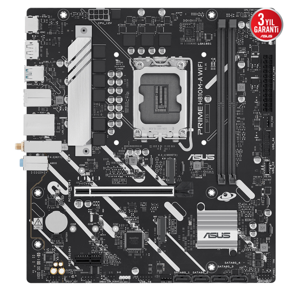 ASUS PRIME H810M-A WIFI, 2xDDR5, 2x M.2, HDMI, DP, Wi-Fi 6, Bluetooth 5.3, Intel Core Ultra CPU(Seri 2), LGA1851 Soket, ATX Anakart