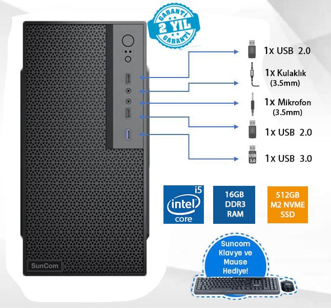 SUNCOM Force SC3-109 i5-3470 16GB 512GB SSD O/B DOS Masaüstü PC