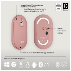 LOGITECH Pebble 2 Combo, Rose, 920-012247, Bluetooth, Türkçe, Q, Multimedya, Mini Klavye Mouse Set