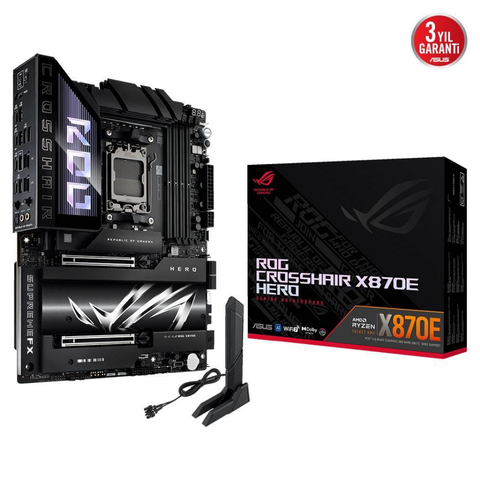 ASUS ROG CROSSHAIR X870E HERO, 4xDDR5, 5xM.2, HDMI, DP, Type-C, PCIe 5.0, 2xWi-Fi 7, Bluetooth v5.4, AM5 Soket GAMING Anakart