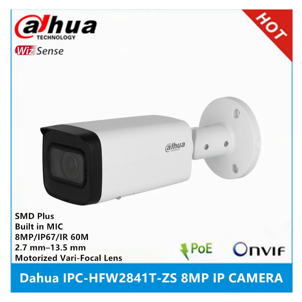 DAHUA IPC-HFW2841T-ZAS-27135, 8Mpix, 2,7-13,5mm Motorize Lens, H265+, 80Mt Gece Görüşü, Dahili Mikrofon, Starlight, IP67,  PoE Bullet IP Kamera