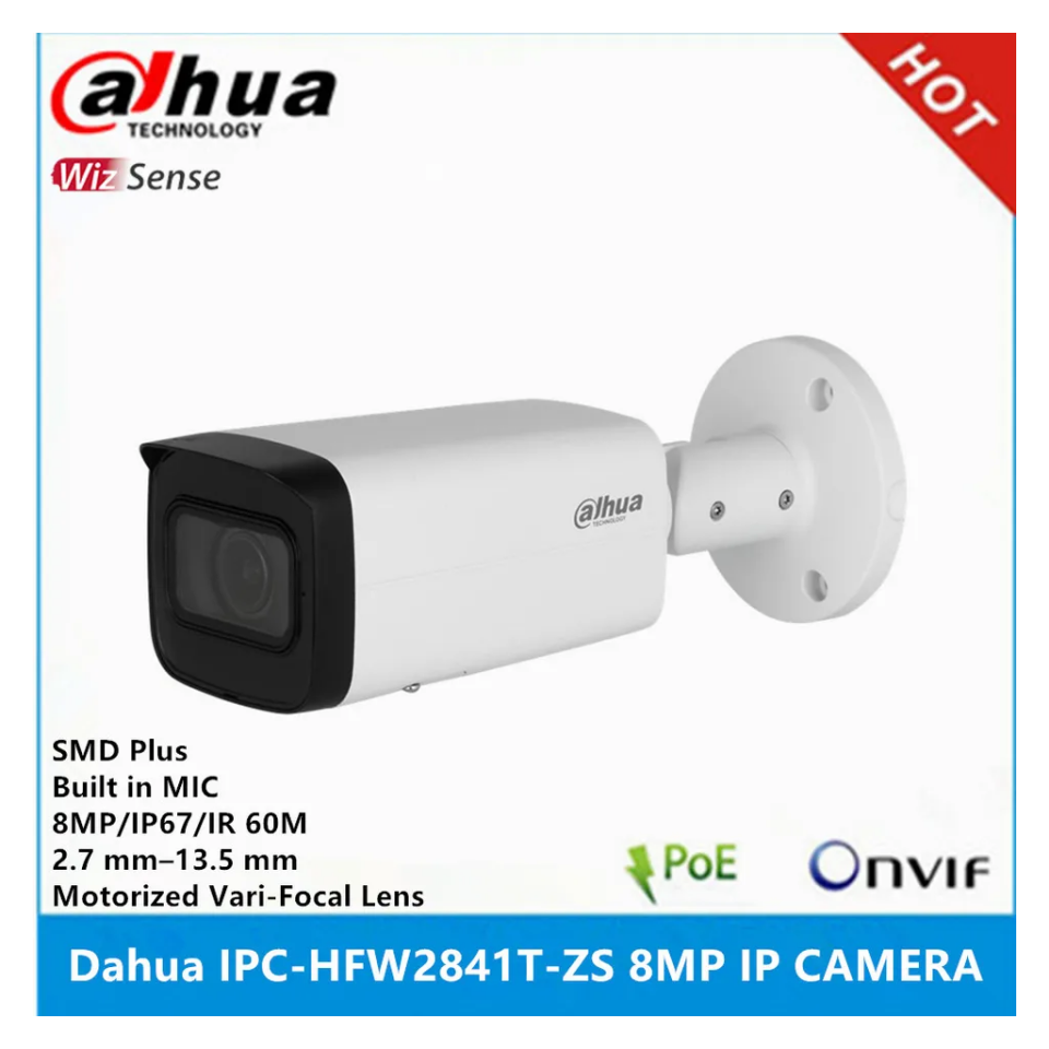 DAHUA IPC-HFW2841T-ZAS-27135, 8Mpix, 2,7-13,5mm Motorize Lens, H265+, 80Mt Gece Görüşü, Dahili Mikrofon, Starlight, IP67,  PoE Bullet IP Kamera