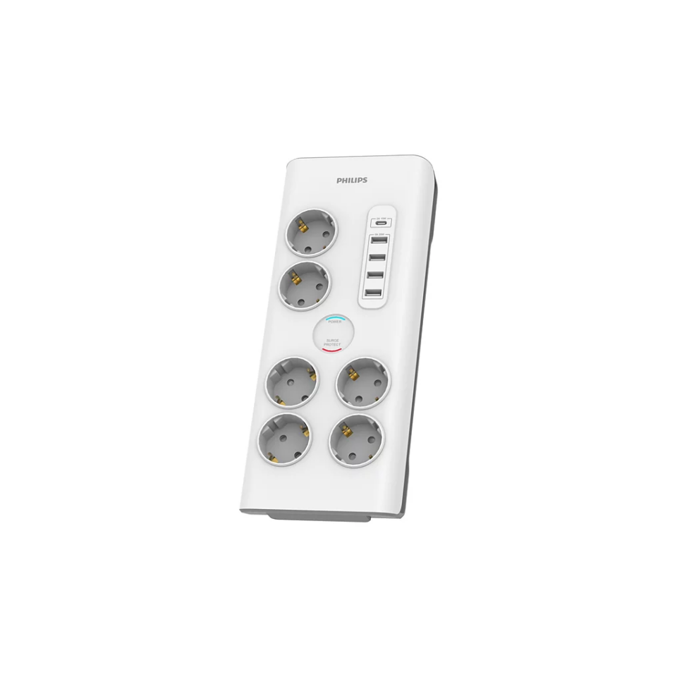 PHILIPS SPN7060WA/62, 6 Soket, Akım Korumalı Priz, 900 Joules, 2Mt Kablo, 1xUsb-C 15W Şarj, 4xUsb-A 20W, (Beyaz)