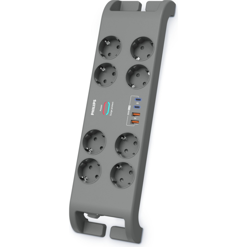 PHILIPS SPN8180GA/62, 8 Soket, Akım Korumalı Priz, 2400 Joules, 2Mt Kablo, 2xUsb-C PD 20W Hızlı Şarj, 2xUsb-A QC 18W, (Gri)