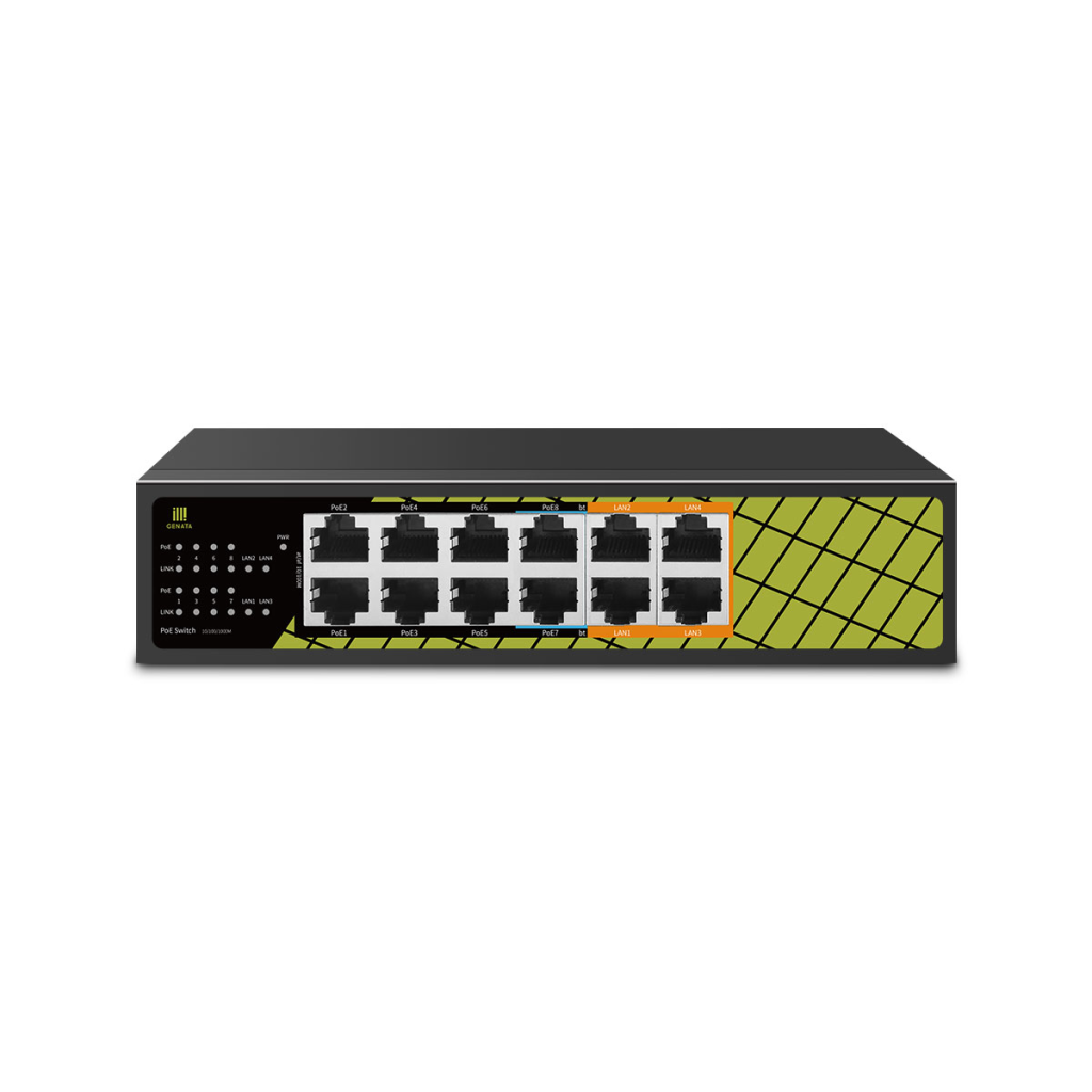 GENATA GNT-ES12UD-P, 8 Port, Megabit,  PoE 60W, 4 Port Uplink Gigabit, Yönetilemez, Masaüstü Switch