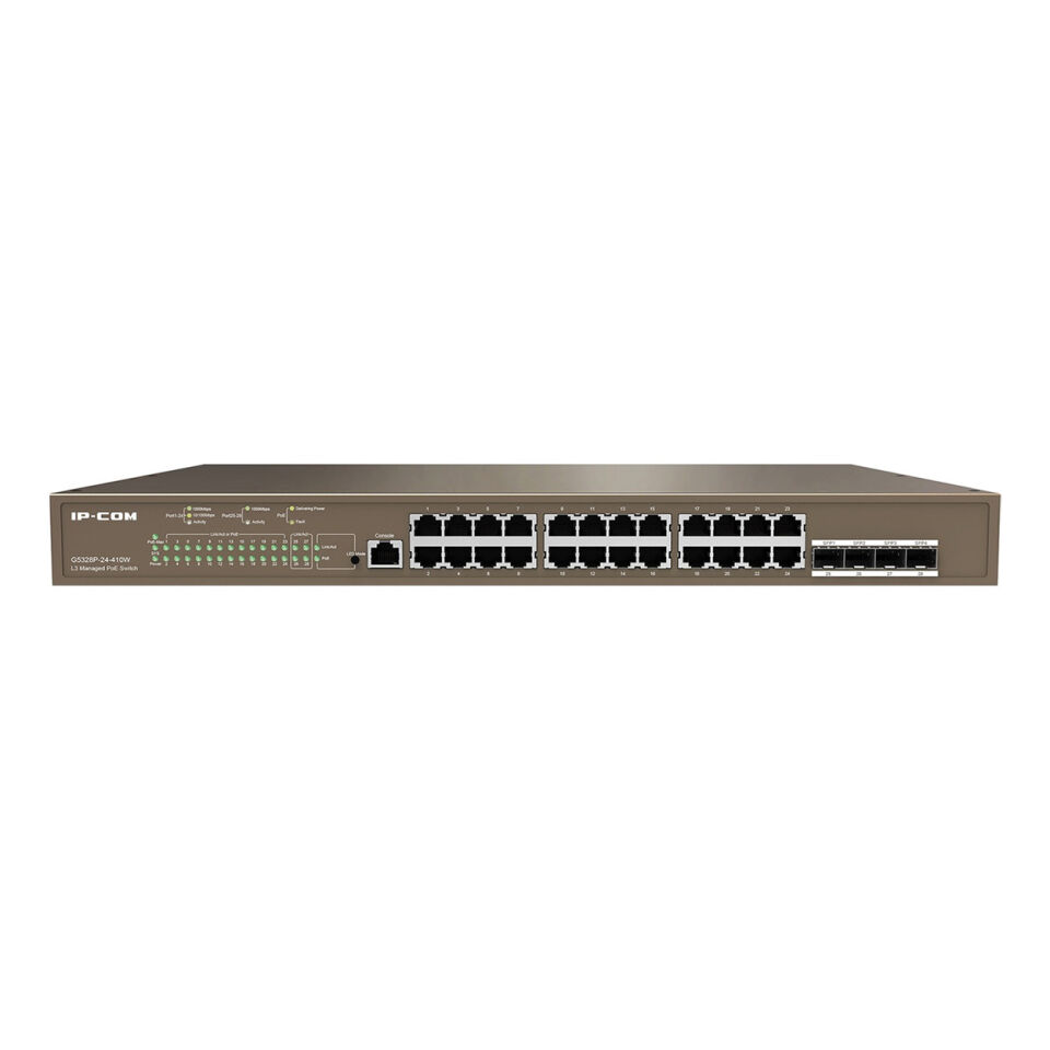 IP-COM IP-G5328P-24-410W 24 PORT 10/100/1000 24 PORT POE 4 X SFP 370W LAYER 3 YÖNETİLEBİLİR RACK MOUNT SWITCH