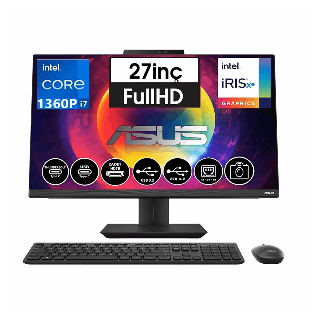 ASUS A5702WVAK-I7161TBB0D, i7-1360P, 27" FHD Ekran 16Gb DDR4 Ram, 1TB SSD, Wi-Fi 6, Type-C, Paylaşımlı Ekran Kartı, Free Dos, All In One PC