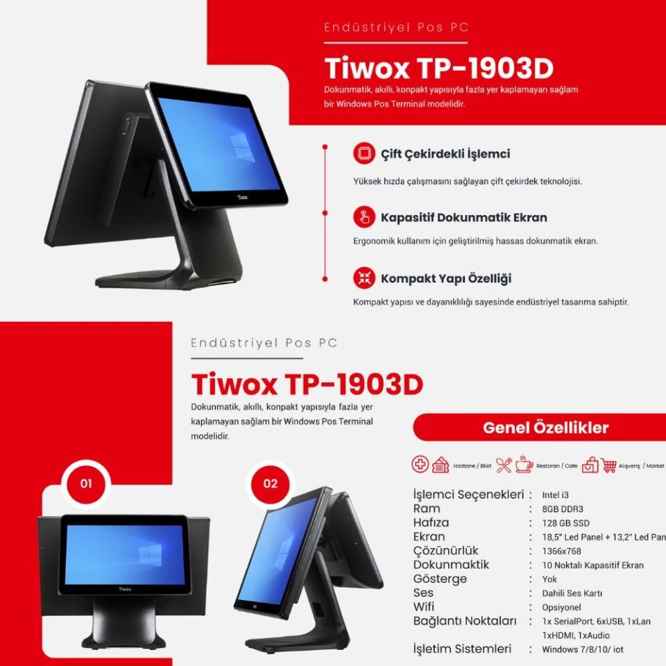 TIWOX TP-1903D I3 8GB RAM 128GB SSD 18.5'' + 13.3'' 2.EKRAN ENDÜSTRİYEL POS PC