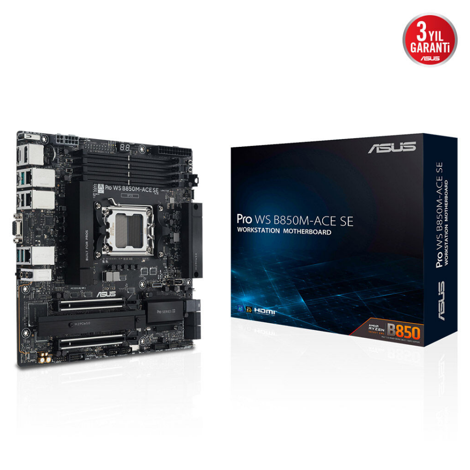 ASUS PRO WS B850M-ACE SE, 4xDDR5, 2xM.2, HDMI, DP, Type-C, D-SUB, PCIe 5.0, AM5 Soket Micro-ATX Anakart