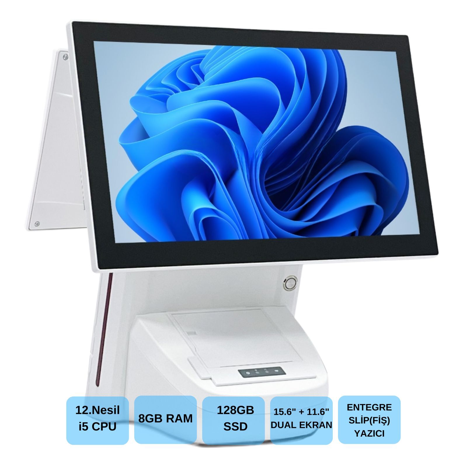 IROMX BP-1215W11 I5 12.GEN 8GB 256GB 15.6+11.6'' WIFI/DAHİLİ SLİP YAZICILI BEYAZ ENDÜSTRİYEL POS PC