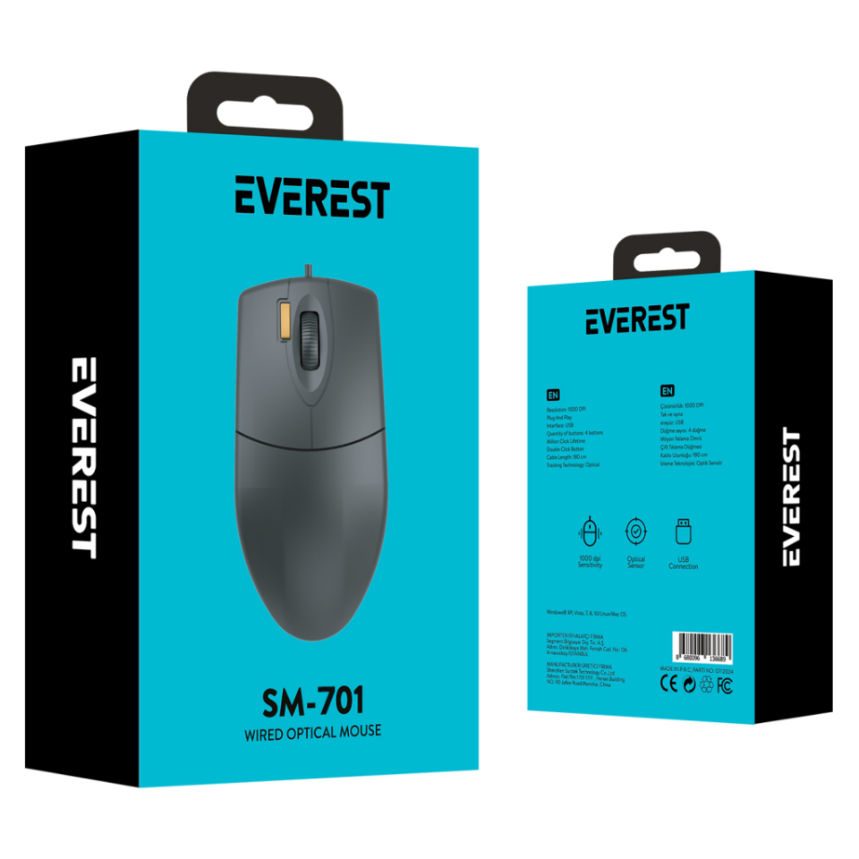 EVEREST SM-701, Siyah, Optical, 1000dpi, Usb, 1.8mt. Kablolu, MOUSE