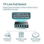 TP-LINK TL-SG105PE, 5 Port, GigaBit, 4 Port Poe, 65W, Easy Smart, Yönetilebilir, Metal Kasa, Masaüstü Switch