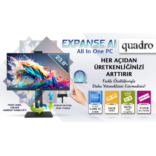 QUADRO EXPANSE AI B424 14165, i5-14400, 23,8'' FHD Ekran, 16Gb Ram, 512Gb SSD, Pivot, Paylaşımlı VGA, Free Dos All In One PC