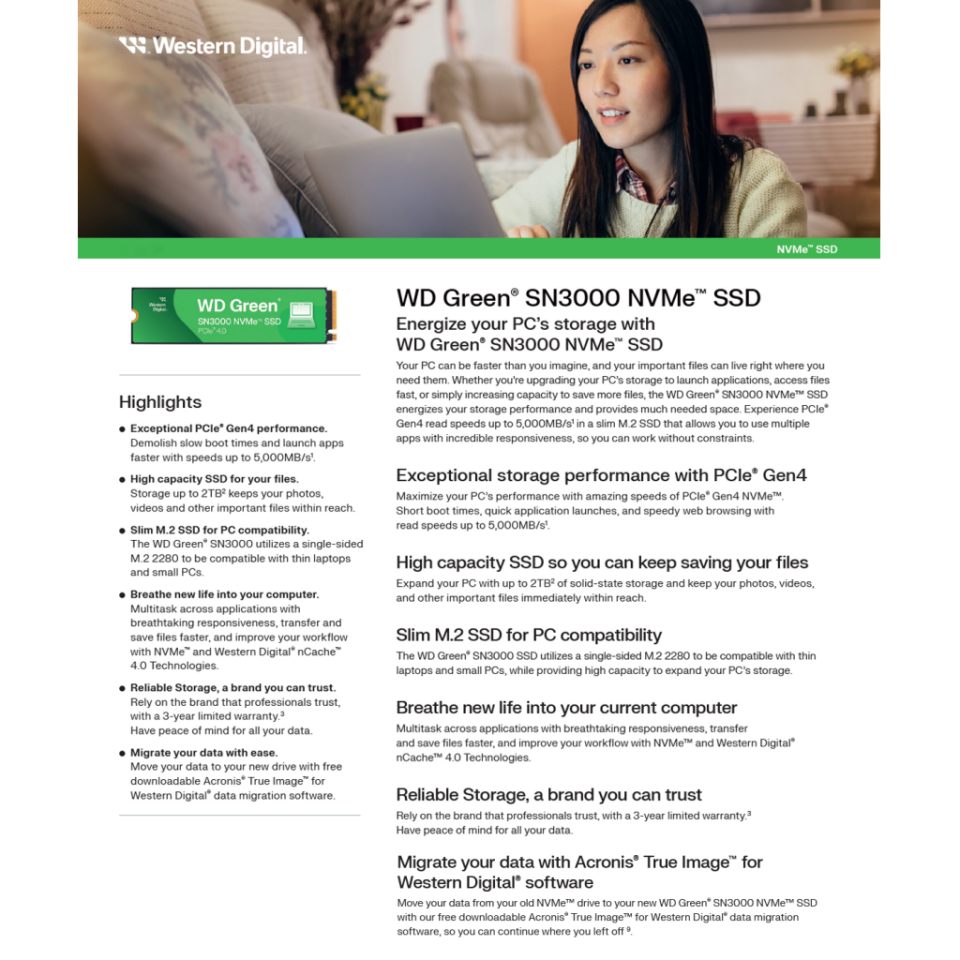 WD Green SN3000, WDS100T4G0E, 1TB, 5000/4200, Gen4, NVMe PCIe M.2 2280, SSD