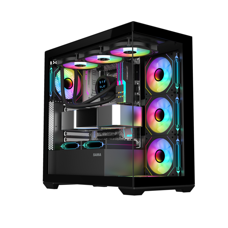 SAMA SV01BK Black, B750BK 750W, 80+ Bronze, PCIE 5.1, ATX3.1, Tempered Glass Panel, Panoramic Tasarım, Type-C, 4x120mm ARGB Fan, ATX, GAMING KASA