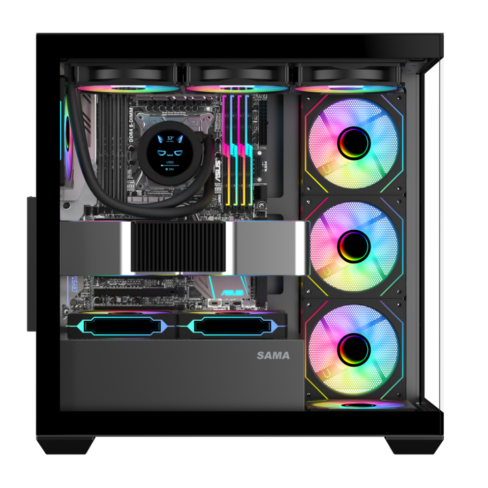 SAMA SV01BK Black, B750BK 750W, 80+ Bronze, PCIE 5.1, ATX3.1, Tempered Glass Panel, Panoramic Tasarım, Type-C, 4x120mm ARGB Fan, ATX, GAMING KASA