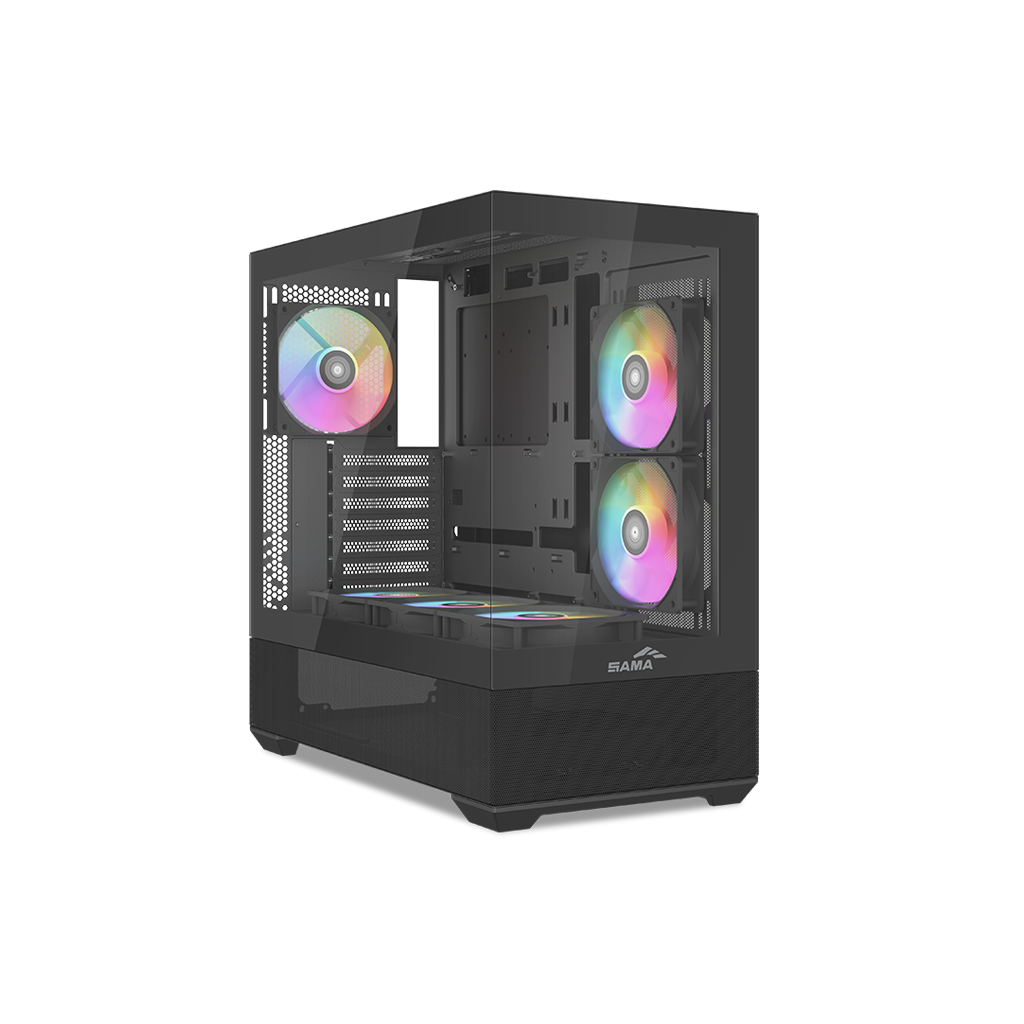 SAMA V40BK Black, B750BK 750W, 80+ Bronze, PCIE 5.1, ATX3.1, Tempered Glass Panel, Panoramic Tasarım, Type-C, 6x120mm ARGB Fan, ATX, GAMING KASA
