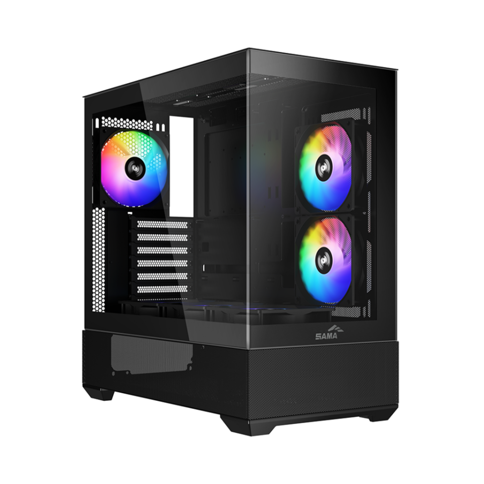 SAMA V40BK Black, B750BK 750W, 80+ Bronze, PCIE 5.1, ATX3.1, Tempered Glass Panel, Panoramic Tasarım, Type-C, 6x120mm ARGB Fan, ATX, GAMING KASA