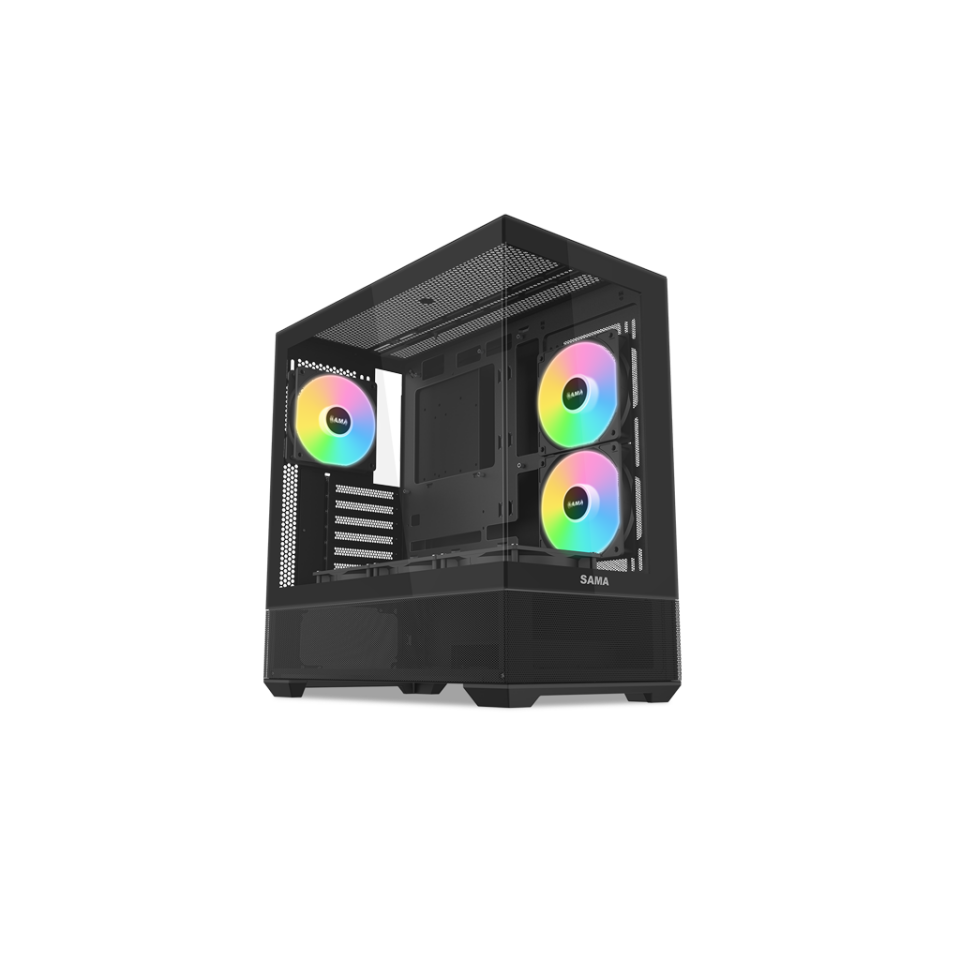 SAMA V40BK Black, B750BK 750W, 80+ Bronze, PCIE 5.1, ATX3.1, Tempered Glass Panel, Panoramic Tasarım, Type-C, 6x120mm ARGB Fan, ATX, GAMING KASA