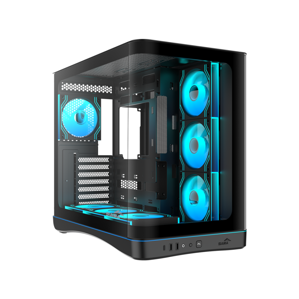 SAMA V62BK Black, B850BK 850W, 80+ Bronze, PCIE 5.1, ATX3.1, Tempered Glass Panel, Panoramic Tasarım, Type-C, 7x120mm ARGB INFINITY Fan, ATX, GAMING KASA
