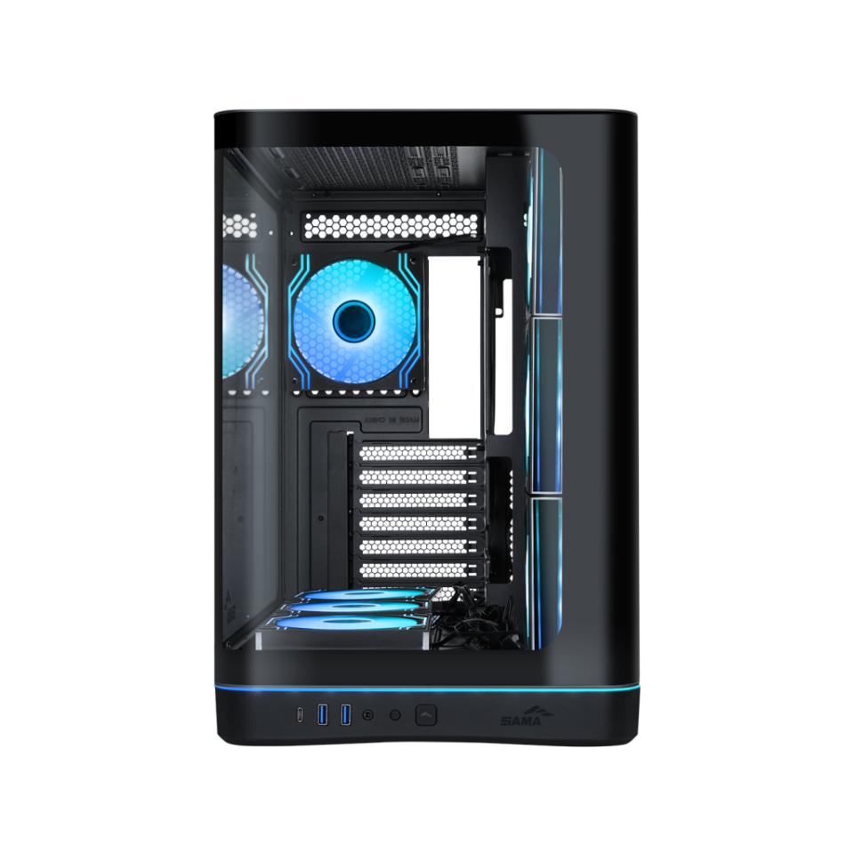 SAMA V62BK Black, B850BK 850W, 80+ Bronze, PCIE 5.1, ATX3.1, Tempered Glass Panel, Panoramic Tasarım, Type-C, 7x120mm ARGB INFINITY Fan, ATX, GAMING KASA