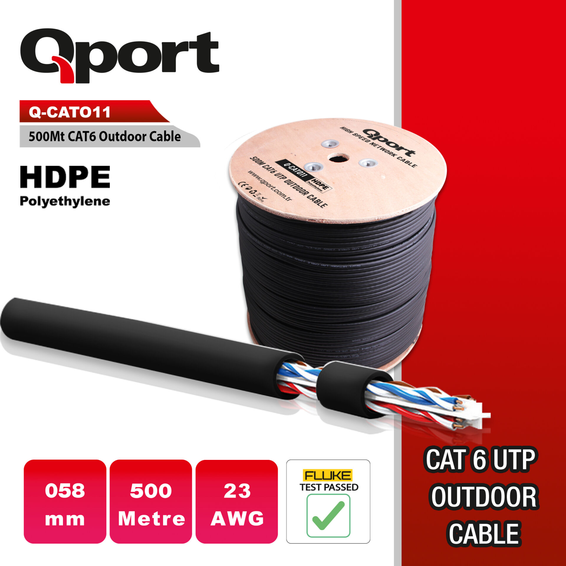 QPORT Q-CATO11 500MT UTP CAT6 OUTDOOR NETWORK KABLO SIYAH 23 AWG
