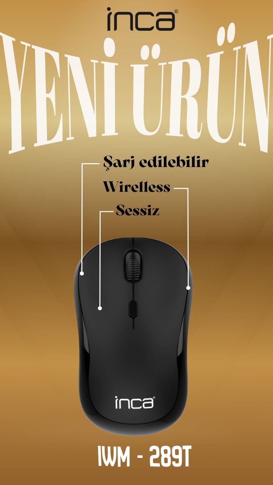 INCA IWM-289T Kablosuz siyah Ergonomic Design Şarjlı Mouse