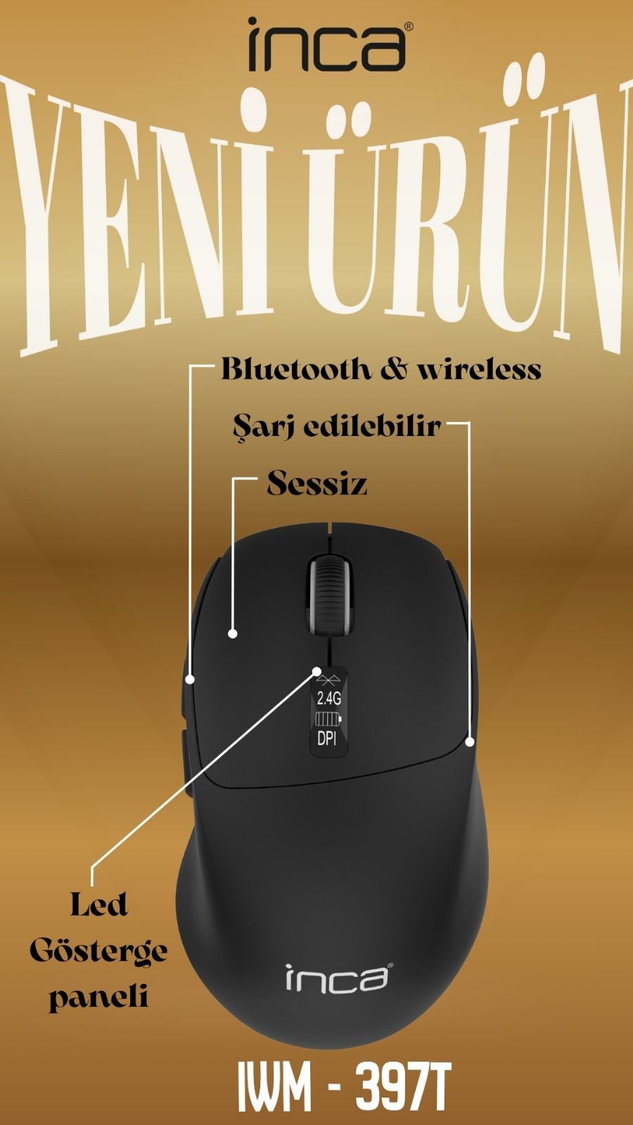 INCA IWM-397T Bluetooth & 2.4G Kablosuz siyah LED Gösterge Ekranı Şarjlı Mouse