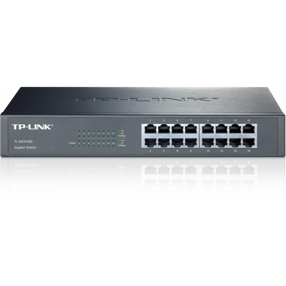 TP-LINK TL-SG1016D, 16 Port, GigaBit, Yönetilemez, Metal Kasa, Rackmount Switch