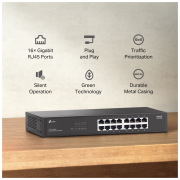 TP-LINK LS1016G, Green Tech, 16 Port GigaBit, Yönetilemez, Metal Kasa, Masaüstü Switch