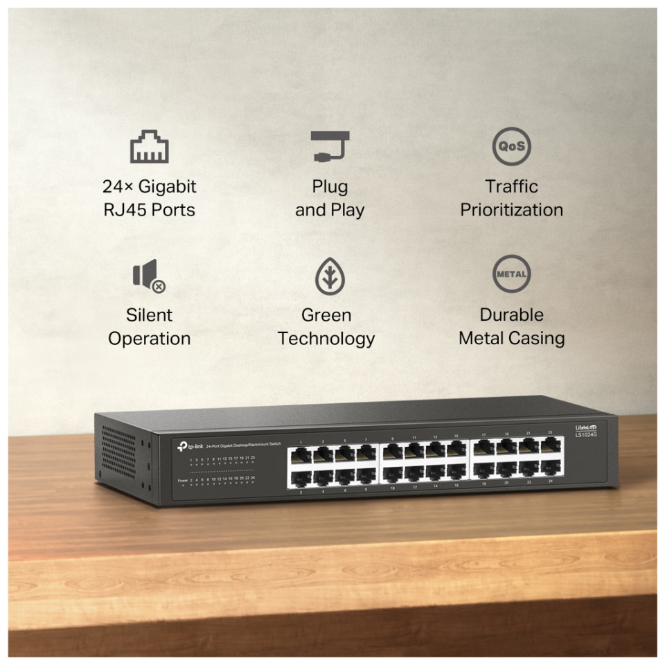 TP-LINK LS1024G, Green Tech, 24 Port GigaBit, Yönetilemez, Metal Kasa, Masaüstü Switch