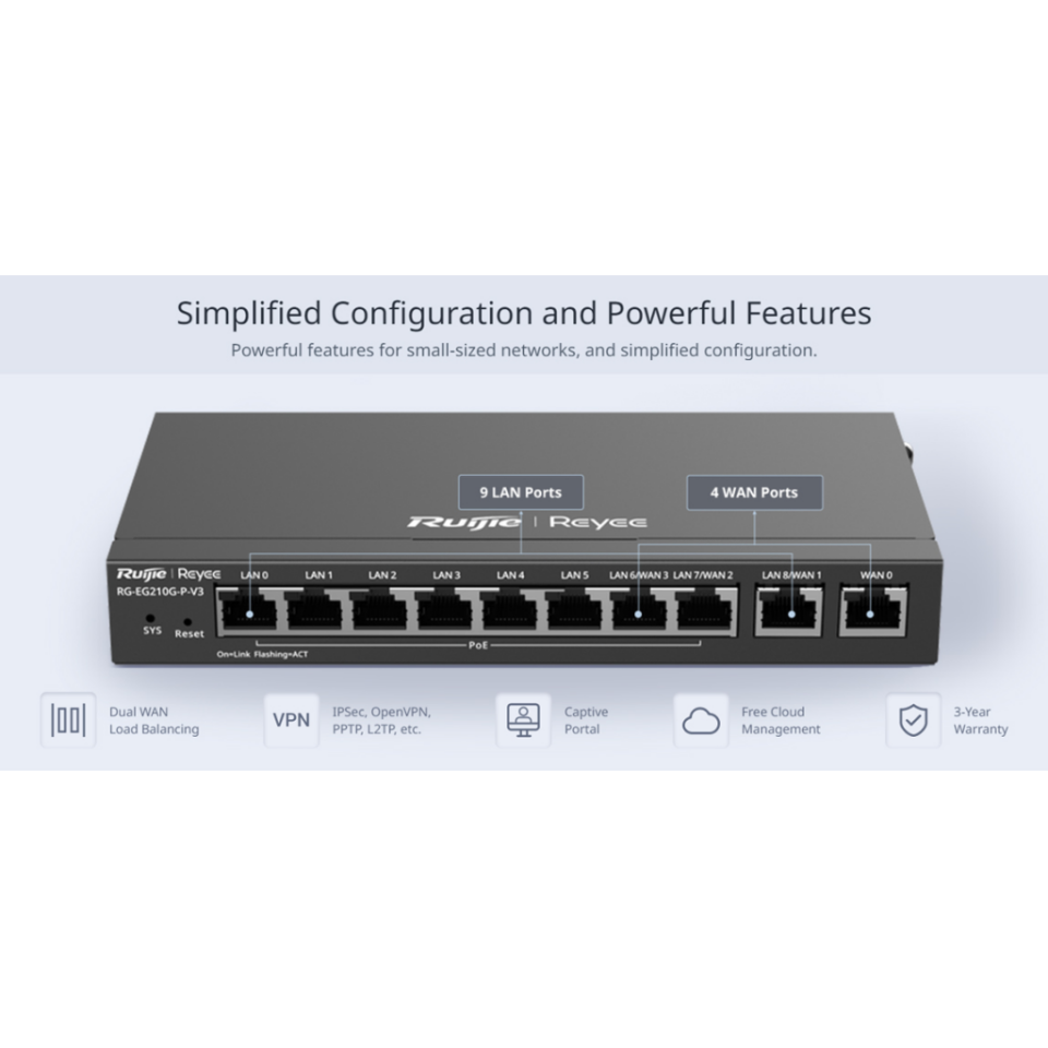 RUIJIE Reyee RG-EG210G-P-V3 10 Port Gigabit, Web  Yönetilebilir, 4 WANs, 200 Kullanıcı,