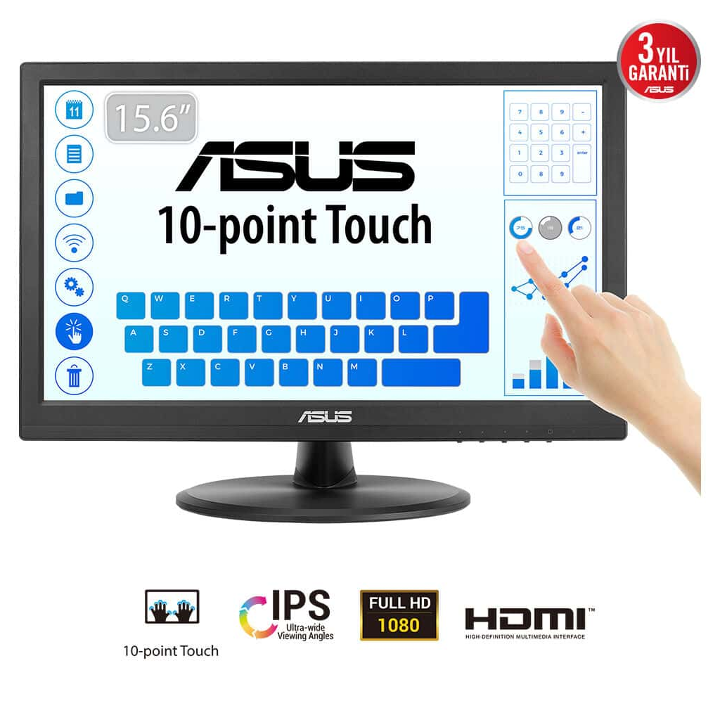 ASUS VT169HE 15.6'' 5ms, 60Hz, Dokunmatik, HDMI, D-Sub, Düşük Mavi Işık, FreeSync, IPS Panel Monitör