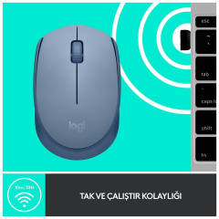 LOGITECH 910-006866, M171 BlueGrey, USB Nano 2,4G Kablosuz, 1000dpi, Optik, 3 Tuşlu, 12ay Pil Ömrü, Mouse