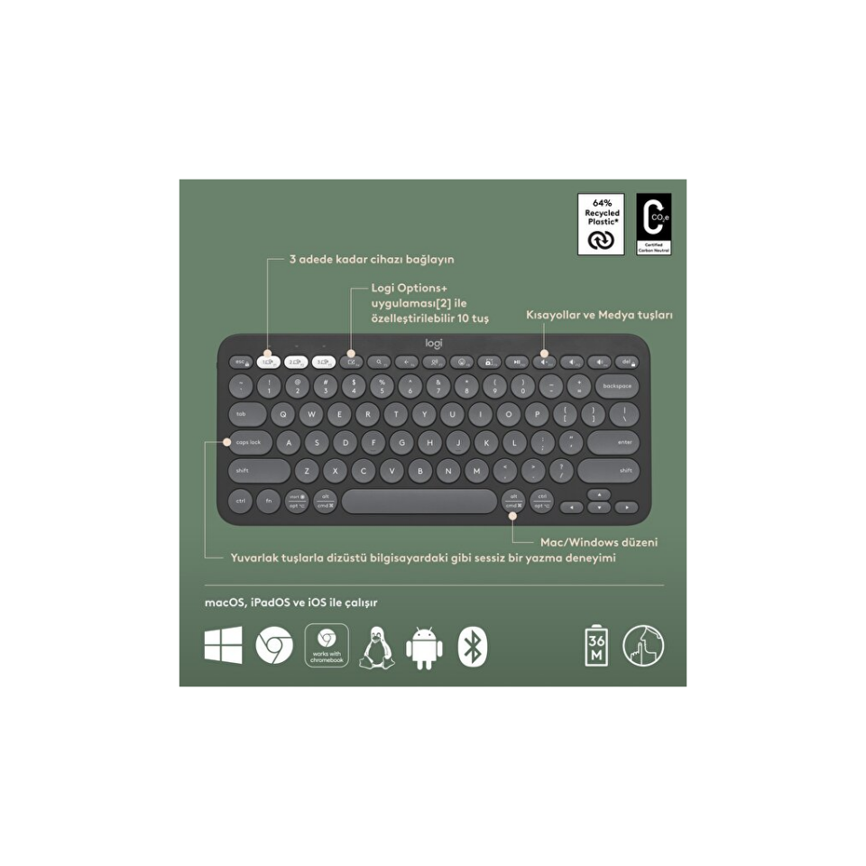 LOGITECH K380S, Pebble Keys 2,  Siyah, 920-011859, Bluetooth, Türkçe, Q, Multimedya, Mini Klavye
