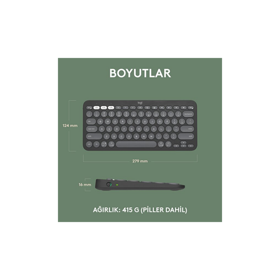 LOGITECH K380S, Pebble Keys 2,  Siyah, 920-011859, Bluetooth, Türkçe, Q, Multimedya, Mini Klavye