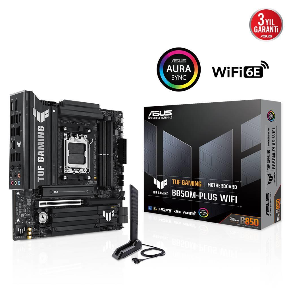 ASUS TUF GAMING B850M-PLUS WIFI, 4xDDR5, 3x M.2, HDMI, DP, Type-C, Wi-Fi 6E, Bluetooth v5.3, AM5 Soket GAMING Anakart