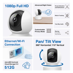 TP-LINK Tapo C202, Bebek/Ev Güvenlik Kamerası, WiFi-Ehernet, 1080P, 12Mt Gece Görüşü, PAN/TILT, iki Yönlü Ses