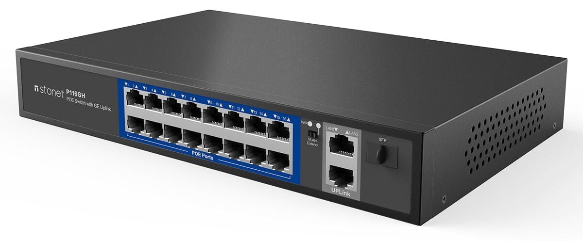 STONET P116GH 16 Port Fast Ethernet PoE Switch/802.3at/af,2*Gigabit uplink port,1*SFP port