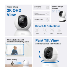 TP-LINK Tapo C220, 4,0Mpix, İç ve Dış Mekan, WiFi,  9Mt. Gece Görüşü, 360 Dönüş, İki Yönlü Ses Güvenlik Yapay Zeka Destekli Kamera