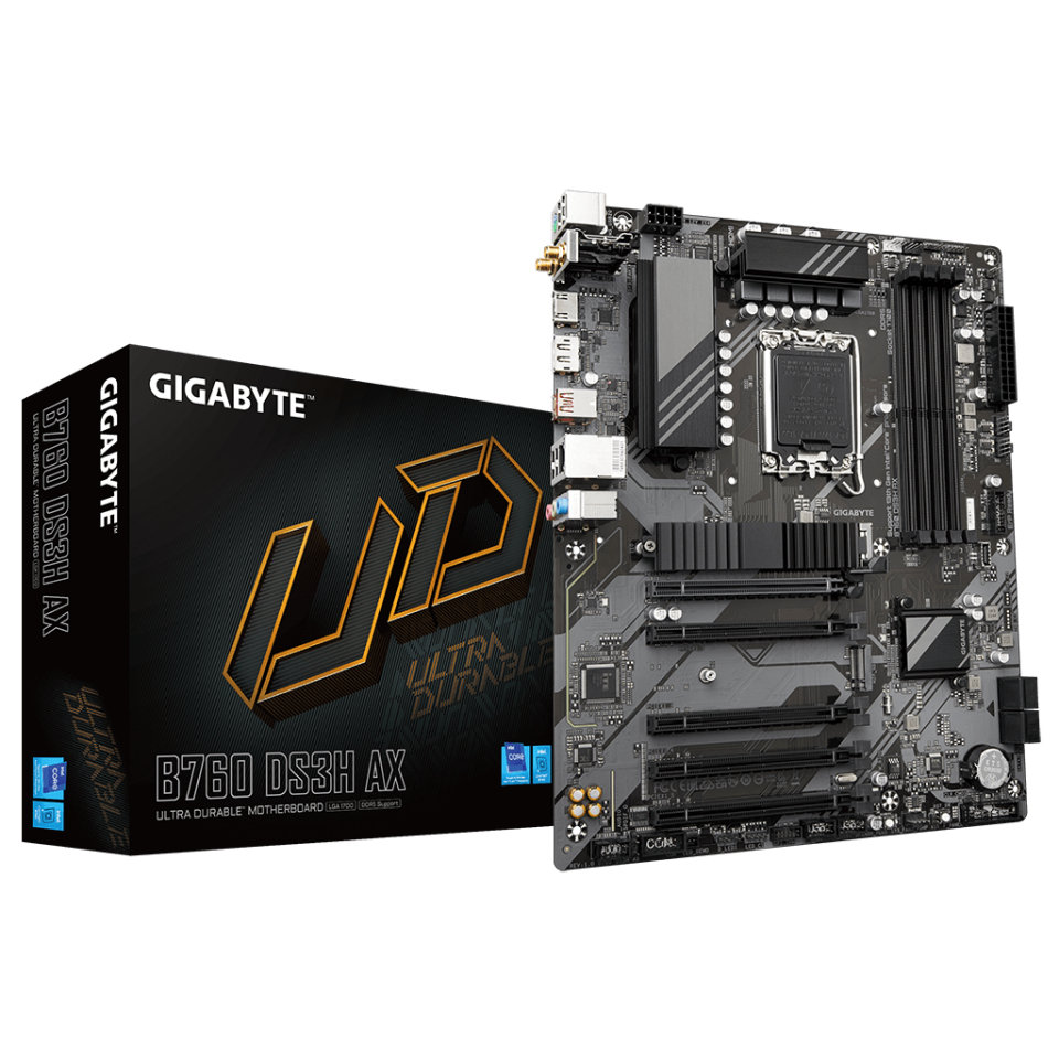 GIGABYTE B760 DS3H AX, rev.1.0, 4xDDR5, 2xM.2, DP, HDMI, Type-C, Wi-Fi 6E, Bluetooth v5.3, 12-13-14.Nesil, LGA1700 Soket, Anakart