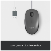 LOGITECH 910-006652, M100 Siyah, USB Kablolu, 1000dpi, Optik, 3 Tuşlu, Mouse