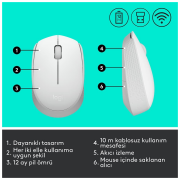 LOGITECH 910-006867, M171 White, USB Nano 2,4G Kablosuz, 1000dpi, Optik, 3 Tuşlu, 12ay Pil Ömrü, Mouse