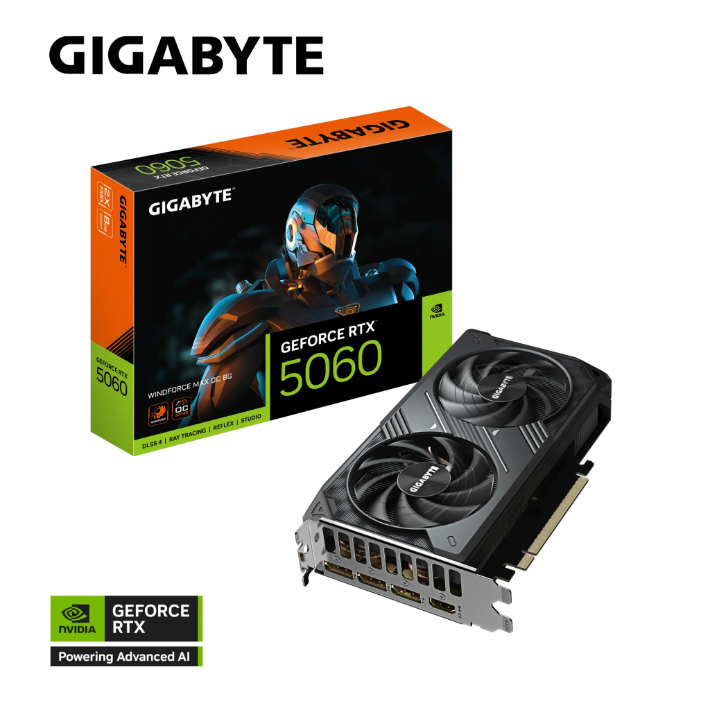 GIGABYTE GV-N5060WF2MAX OC-8GD, RTX5060, WINDFORCE MAX OC, 8Gb, GDDR7, 128BIT, 2 Fanlı, 1xHDMI, 3xDP, GAMING Ekran KARTI